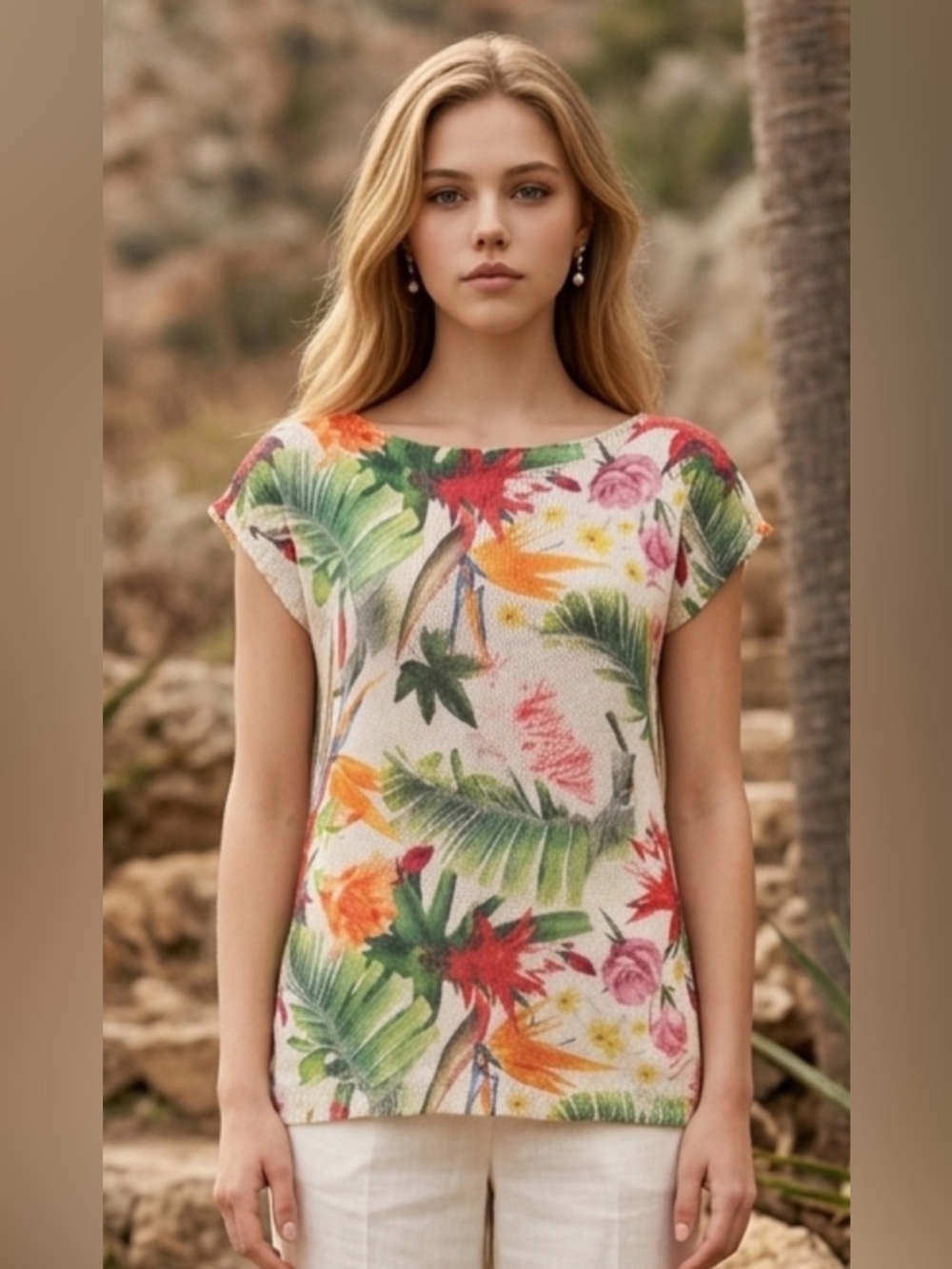 Tropical Floral Knit Tank Top - White/Multi